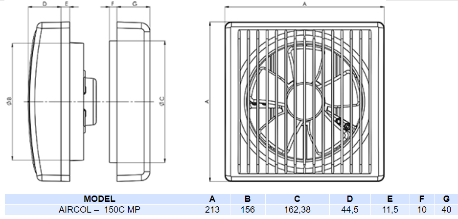 AIRCOL 150C MP Cam ve Duvar Tipi Aksiyel Fan